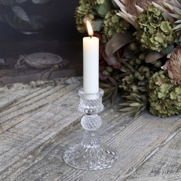 Glass candlestick Diamond cut, H10 cm, clear - Chic Antique