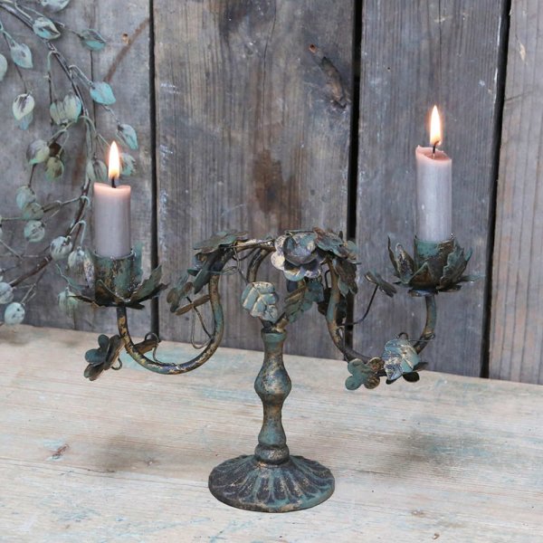 Ljusstake H17 cm, 2 ljus, antikbrons - Chic Antique
