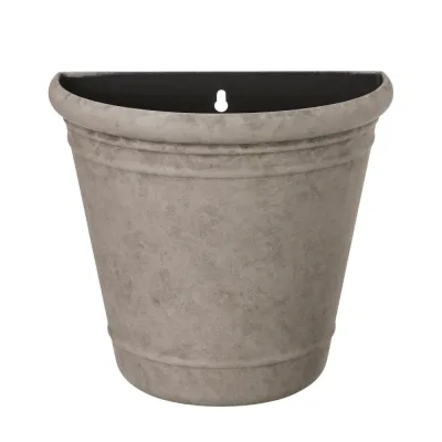 Light gray half-round wall pot Majvor in plastic with a natural stone effect and hanging holes from Wikholm Form.