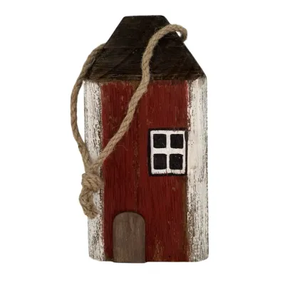 Rött dörrstopp i trä formad som ett litet hus med vitt fönster och jute-rep från Miljögården.