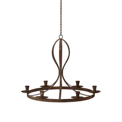 Large round ceiling chandelier Idun in rust-brown iron for candlelight with a strong suspension chain from Wikholm Form.